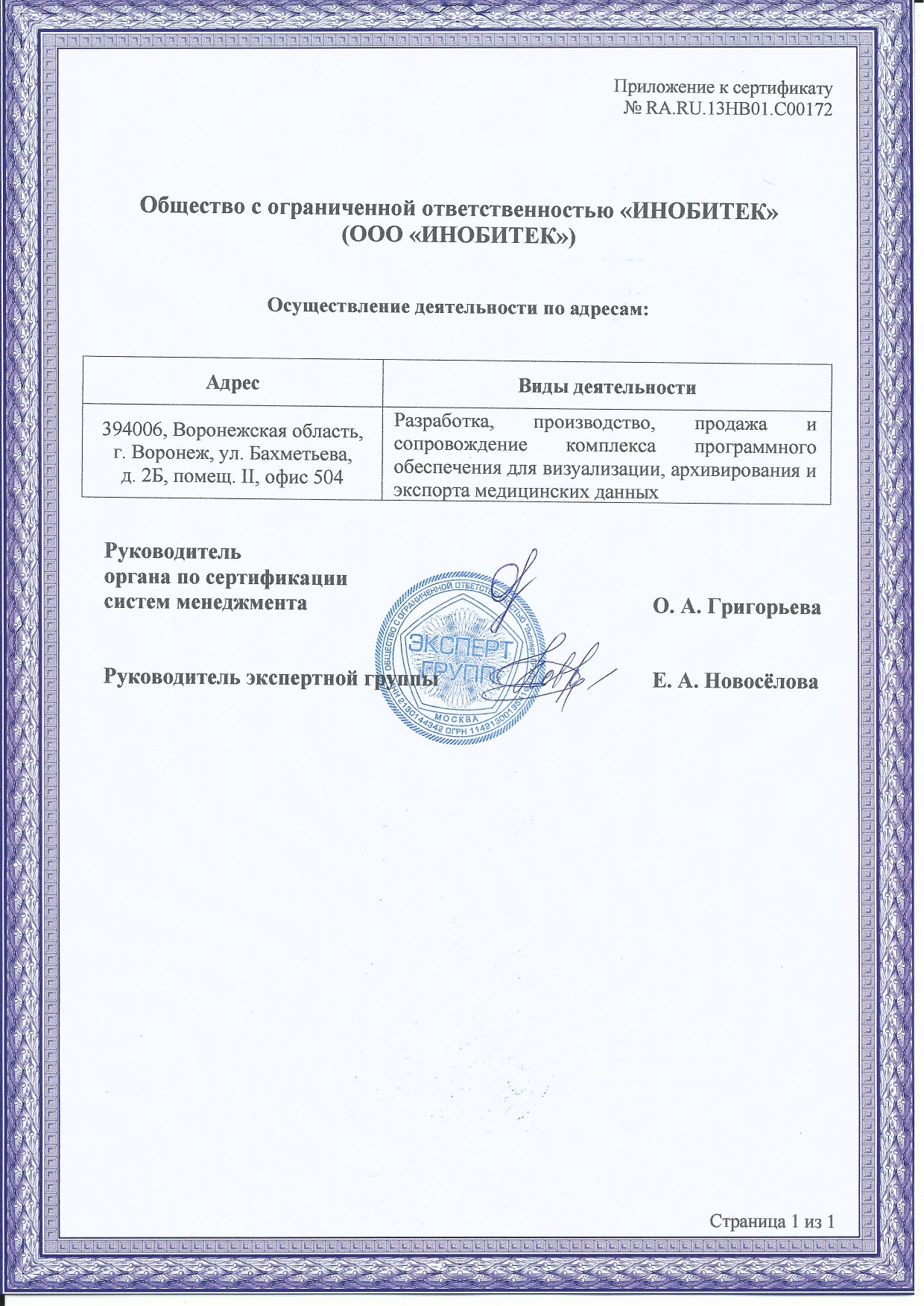 Приложение к Сертификату соответствия системы менеджмента требованиям стандарта EN ISO 13485:2016
